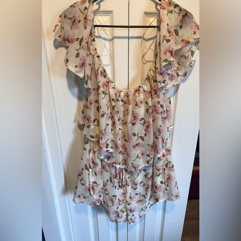Large Pink & Cream Floral Off-Shoulders Romper.